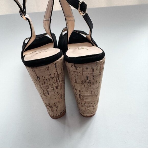 Size 9.5 Black Suede Women Peep Toe Slingback Platform Wedge Sandals High Heel - Picture 5 of 13